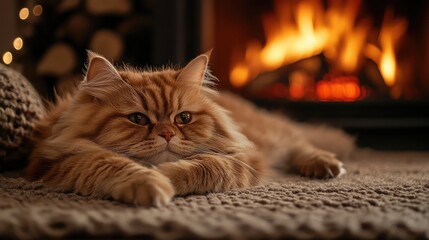 A fluffy Persian cat lying on a plush rug in front of a roaring fireplace, creating a cozy and luxurious scene