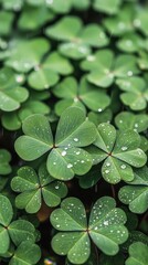 Lush Green Clover Leaves with Fresh Dew Drops in Natural Setting, Capturing the Beauty of Nature and Vibrant Flora in a Rainy Atmosphere