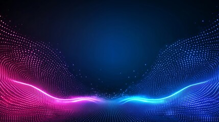 A futuristic abstract digital wave background featuring glowing pink and blue dotted lines flowing in symmetry