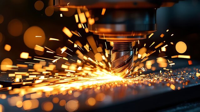 Using an industrial drilling machine, a metal drill bit creates holes in steel billet. Metal work industry. tool with multiple cuts and end mill.