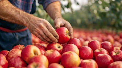 Close-Up of Farmer Hands Picking Fresh Red Apples Amidst Bounty of Fruit in Orchard with Lush Green Trees in Background During Harvest Season