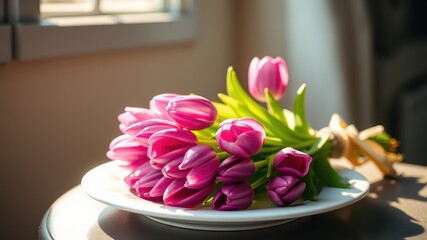 A bouquet of pink tulips rests on a white plate in the warm glow of the afternoon sun.