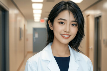 Fototapeta premium smiling woman in white lab coat stands in hospital corridor, exuding professionalism and warmth. Her confident demeanor reflects her dedication to healthcare