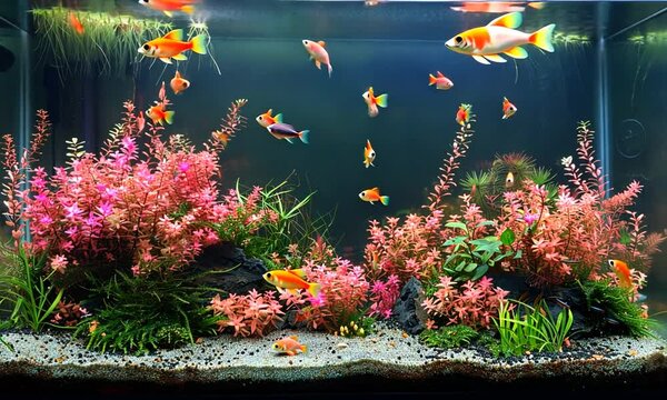 Vibrant aquarium with many orange fish swimming among lush red and green plants.