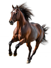 Obraz premium A brown horse is running with its head up and its mane blowing in the wind