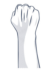 Rised fist hand gesture monochrome drawn emblem. Vector hand clenched into fist and rising up, symbol isolated on white background. Power sign. Human hand up in the air