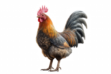 A rooster stands on a white background