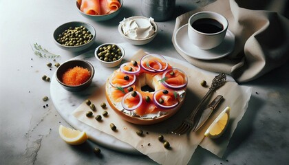 A tasty composition featuring a sesame seed bagel with cream cheese, smoked salmon, and capers, paired alongside coffee in rustic cups for a delightful breakfast or brunch gathering.

