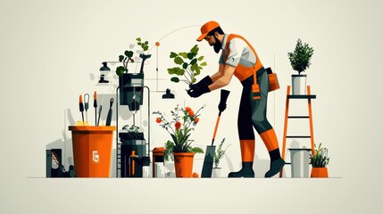 Happy Gardener Sharing Plant Care Tips with Homeowner in Blooming Garden Setting