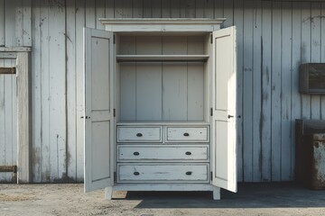 Fototapeta premium Empty white wooden armoire with four drawers and hanging rod against weathered barn backdrop.