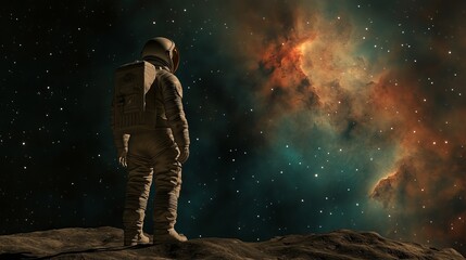 Fototapeta premium A solitary astronaut gazes at a nebula in the vastness of space, immersed in the wonder of the cosmos.
