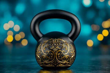 Fototapeta premium A 3D-rendered kettlebell with intricate designs carved into its surface, set on a polished gym floor with dynamic lighting