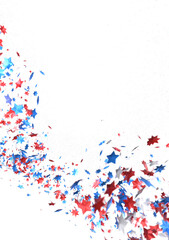 A blue glitter confetti border with red and blue stars on white