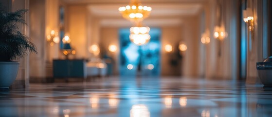 Blurred interior hallway with chandelier, plants, and shiny floor.