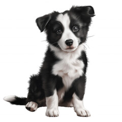 Fototapeta premium A black and white puppy is sitting on a white background