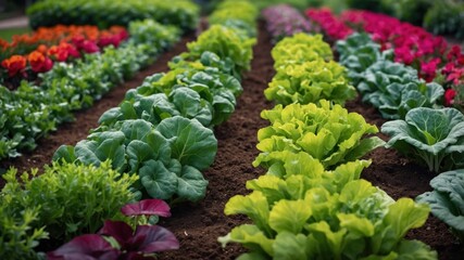 Vibrant rows of fresh lettuce and colorful flowers thrive in a garden, showcasing the beauty of nature's bounty