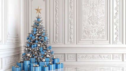 Elegant Christmas Tree with Blue and Silver Gift Boxes in Classic Room