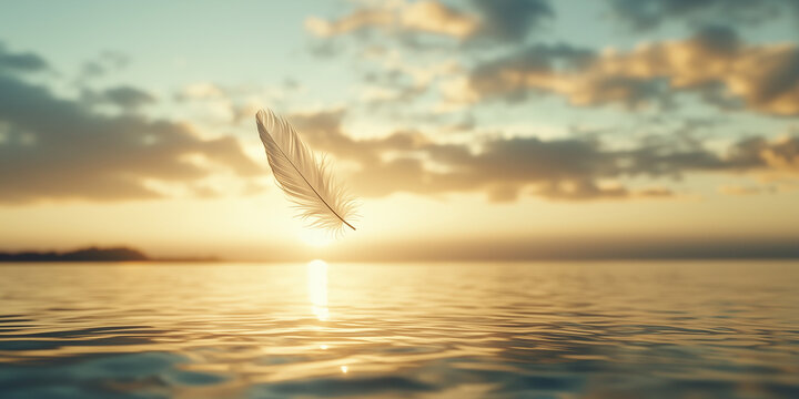 A delicate feather hovers above calm water with rippling reflections, illuminated by a golden sunset, symbolizing serenity, peace, and harmony with nature
