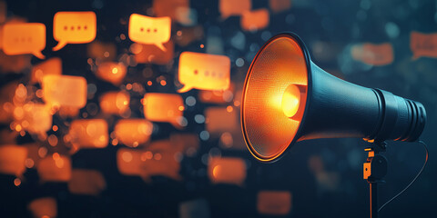 A megaphone emits glowing orange speech bubbles in the air, representing communication, broadcasting ideas, and spreading messages with energy and clarity