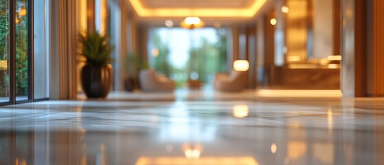 Blurred view of a modern building's interior with shiny floor, plants, and seating area.