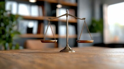 A traditional set of brass balance scales sits on a wooden table, with a modern, blurred bookshelf creating a juxtaposition between the old and the new in office decor.
