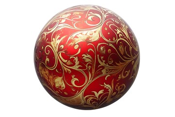 Christmas ball isolated with clipping path. "Admire the beauty of this luxurious Christmas bauble featuring a deep red and gold pattern with intricate lattice design.