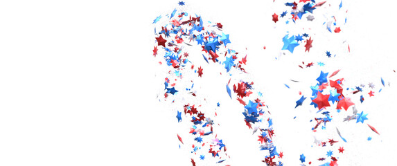 A blue glitter confetti border with red and blue stars on white