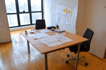 Fototapeta premium A bustling animation studio, with artists sketching characters and scenes, storyboards pinned on the walls