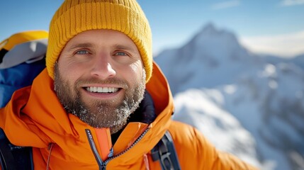 A man wearing a yellow beanie and orange jacket smiles warmly while standing on a snowy mountain top with a blurred peak in the background, exuding adventure and joy.