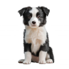 Obraz premium A black and white puppy is sitting on a white background