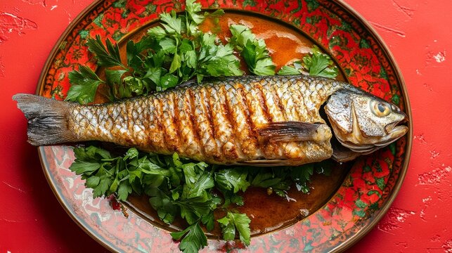 A whole grilled fish served on decorative red plate, garnished with fresh parsley. Chinese New Year