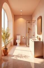 Fototapeta premium Soft beige and peach powders float gently with fluffy, bathroom, interior