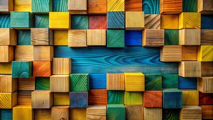 Vibrant Wooden Cubes Create a Colorful Abstract Design on a Blue Background