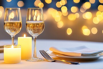 A candlelit dinner scene with small flames reflecting off elegant glassware and cutlery