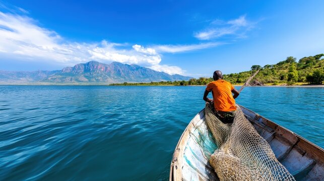 A solitary fisherman in an orange shirt sits on a wooden boat, casting a net on a tranquil freshwater lake with mountains in the distance, symbolizing solitude. - Powered by Adobe