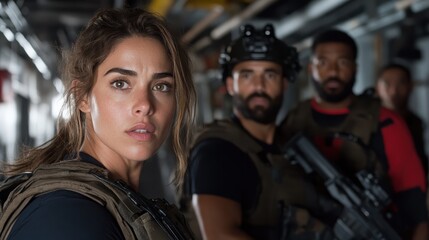 Fototapeta premium A team member with an alert expression epitomizes readiness and determination, surrounded by focused teammates prepared for any challenging mission ahead.