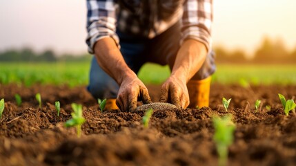 Fototapeta premium Hands of a Farmer Planting Seeds in Fertile Soil Under Golden Hour Sunshine in a Vibrant Green Field, Representing Agricultural Growth and Sustainable Practices