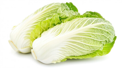 Two whole napa cabbage heads with crisp green leaves and white stems