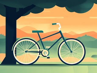 Fototapeta premium Bicycle resting under a tree at sunset