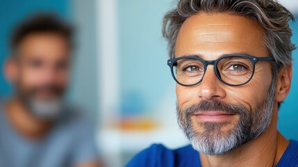 A cheerful, bespectacled middle-aged man with salt-and-pepper hair and an engaging smile radiates positivity while enjoying work ambiance in a well-lit office.