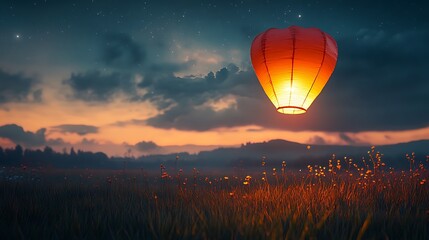 Obraz premium A luminous lantern soaring high above a quiet field, its warm glow illuminating the immediate surroundings, with a dark, starry night sky as the backdrop, creating a serene and magical mood,