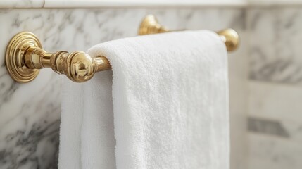 White towel hanging on gold wall-mounted bar in marble bathroom.