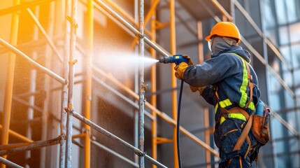 Dynamic Industrial Cleaning: Worker Power Washing Dirt off Modern Building Facade with Water Jet Surrounded by Scaffolding