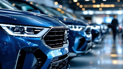 A row of blue SUVs is in position. fleet of standard modern vehicles. Transportation. Fleet of luxury off-road vehicles is made up of generic, nameless vehicles. isolated on black background