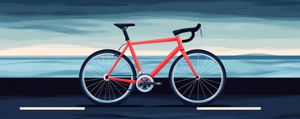 Fototapeta premium Red bicycle by ocean sunset