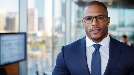 Fototapeta premium A poised man wearing glasses and a suit stands in an upscale office against a city backdrop, symbolizing professionalism and leadership success.