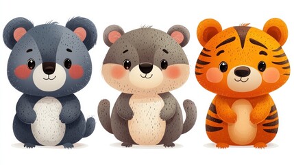 Three cute cartoon animals a bear, a raccoon, and a tiger, designed in a playful style.