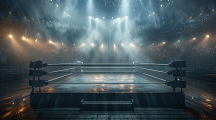 Empty wrestling ring under stadium lights, awaiting a match.