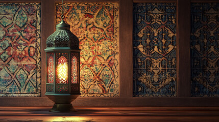 Ramadan A small lantern sits on a wooden table, casting a warm glow in the room. The lantern is surrounded by a patterned rug, adding to the cozy atmosphere. Concept of relaxation and comfort