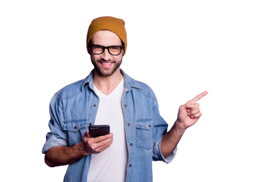Photo of cool guy holding telephone indicating finger empty space wear jeans outfit isolated violet background